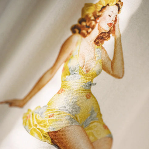 Vintage-style illustration of a woman in a yellow dress with a plain background